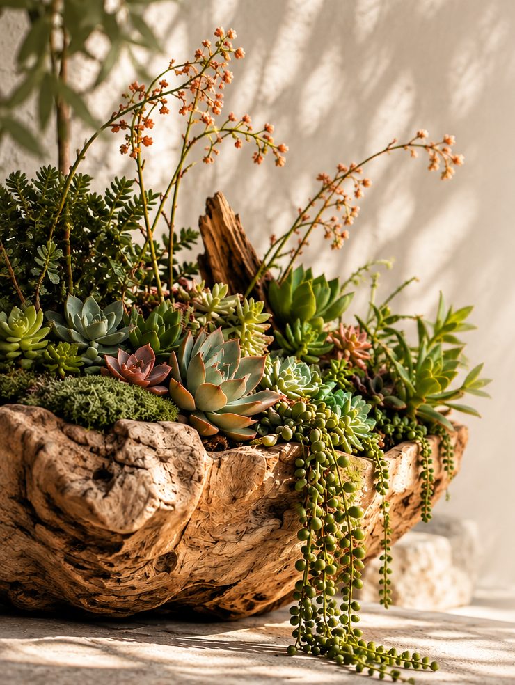 Succulents, trailing string-of-pearls and moss arranged in a carved driftwood bowl, in soft afternoon light.